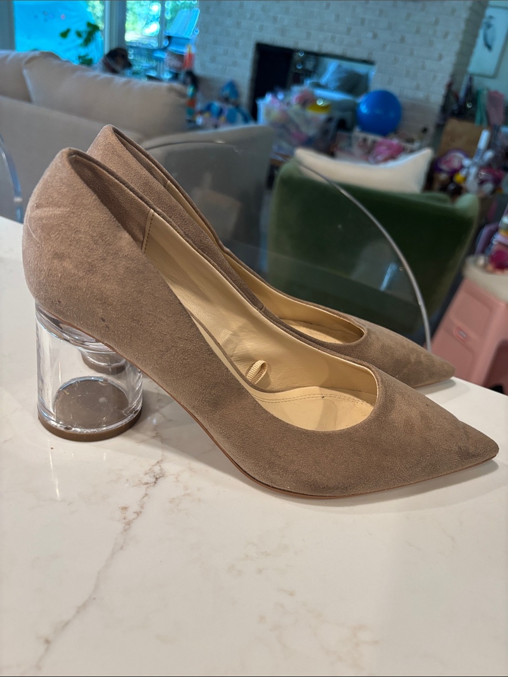 Zara Taupe Suede Pointed Pumps with Clear Block Heel